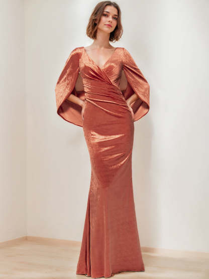 V-Neck Floor-Length Velvet Mother of the Bride Sheath Dress with Ruffled Half Sleeves
