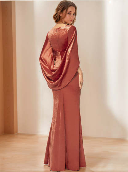 V-Neck Floor-Length Velvet Mother of the Bride Sheath Dress with Ruffled Half Sleeves