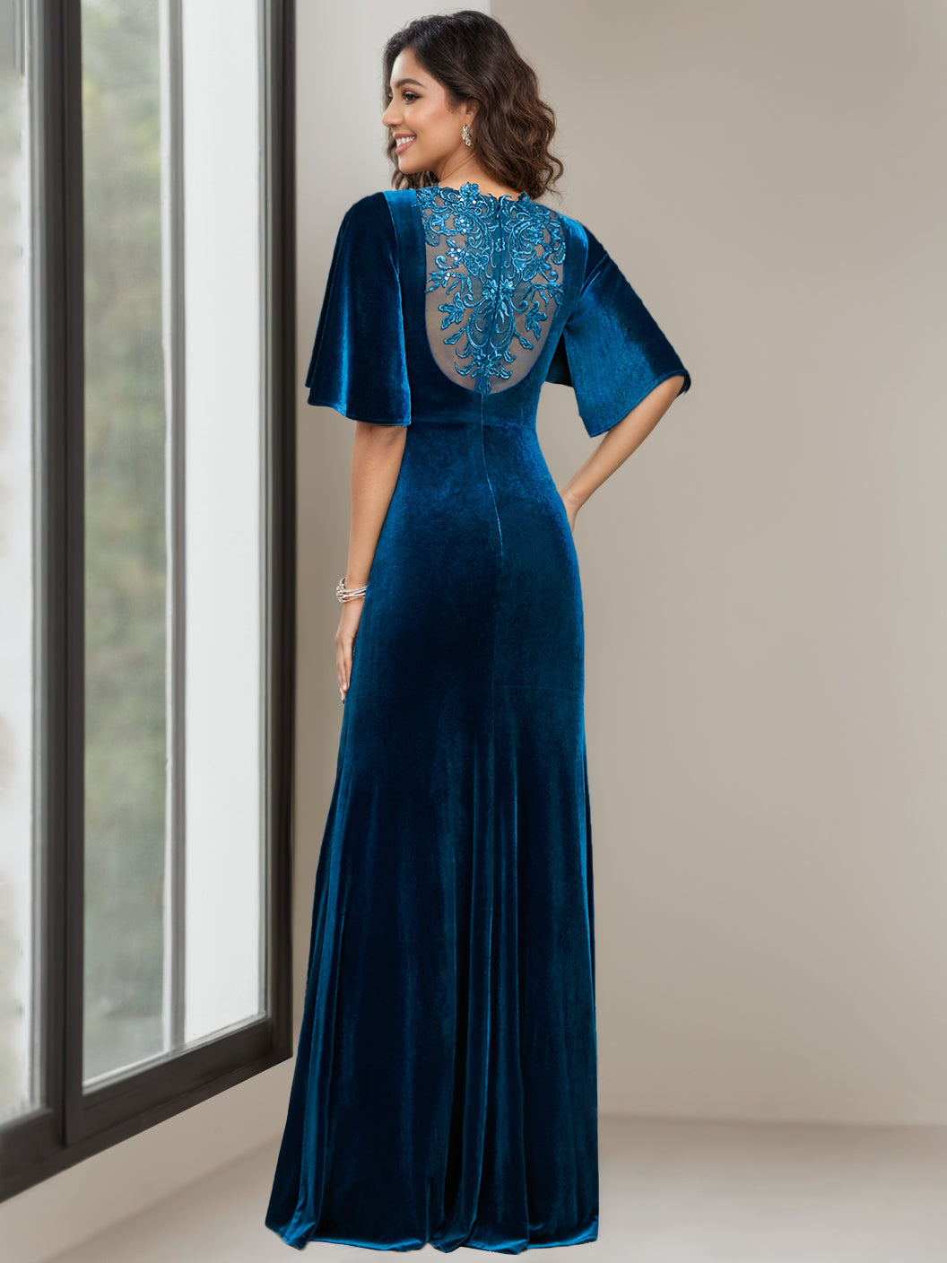 Floor-Length Velvet Mother of the Bride Dress with Scoop Neck Half Sleeves and Beaded Appliques & Sequins-BMbridal.UK