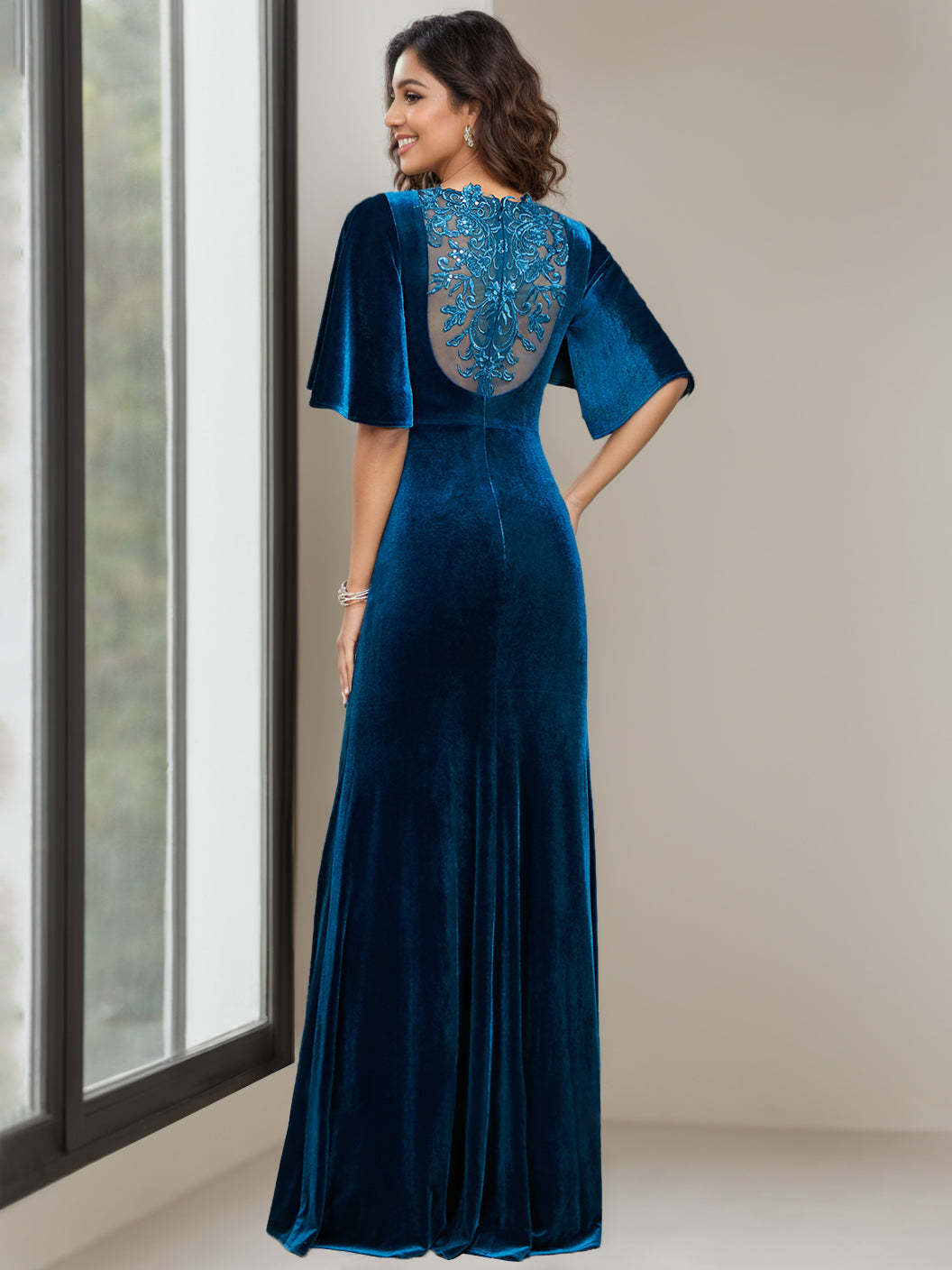 Floor-Length Velvet Mother of the Bride Dress with Scoop Neck Half Sleeves and Beaded Appliques & Sequins-BMbridal.UK