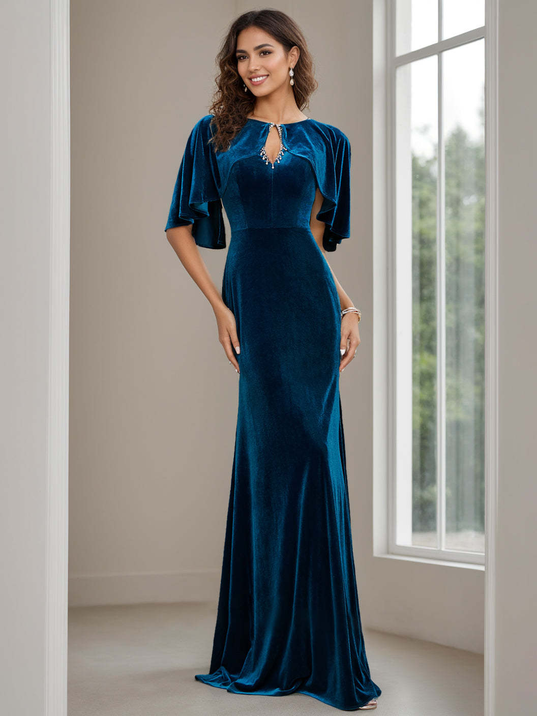 Floor-Length Velvet Mother of the Bride Dress with Scoop Neck Half Sleeves and Beaded Appliques & Sequins-BMbridal.UK
