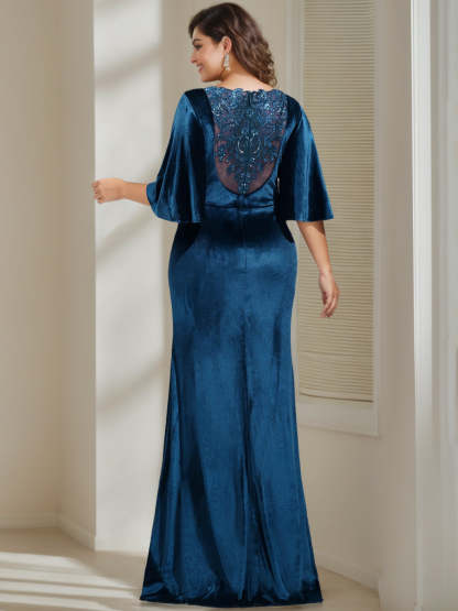 Floor-Length Plus Size Velvet Mother of the Bride Dress with Scoop Neck Half Sleeves Beading Appliques & Sequins-BMbridal.UK