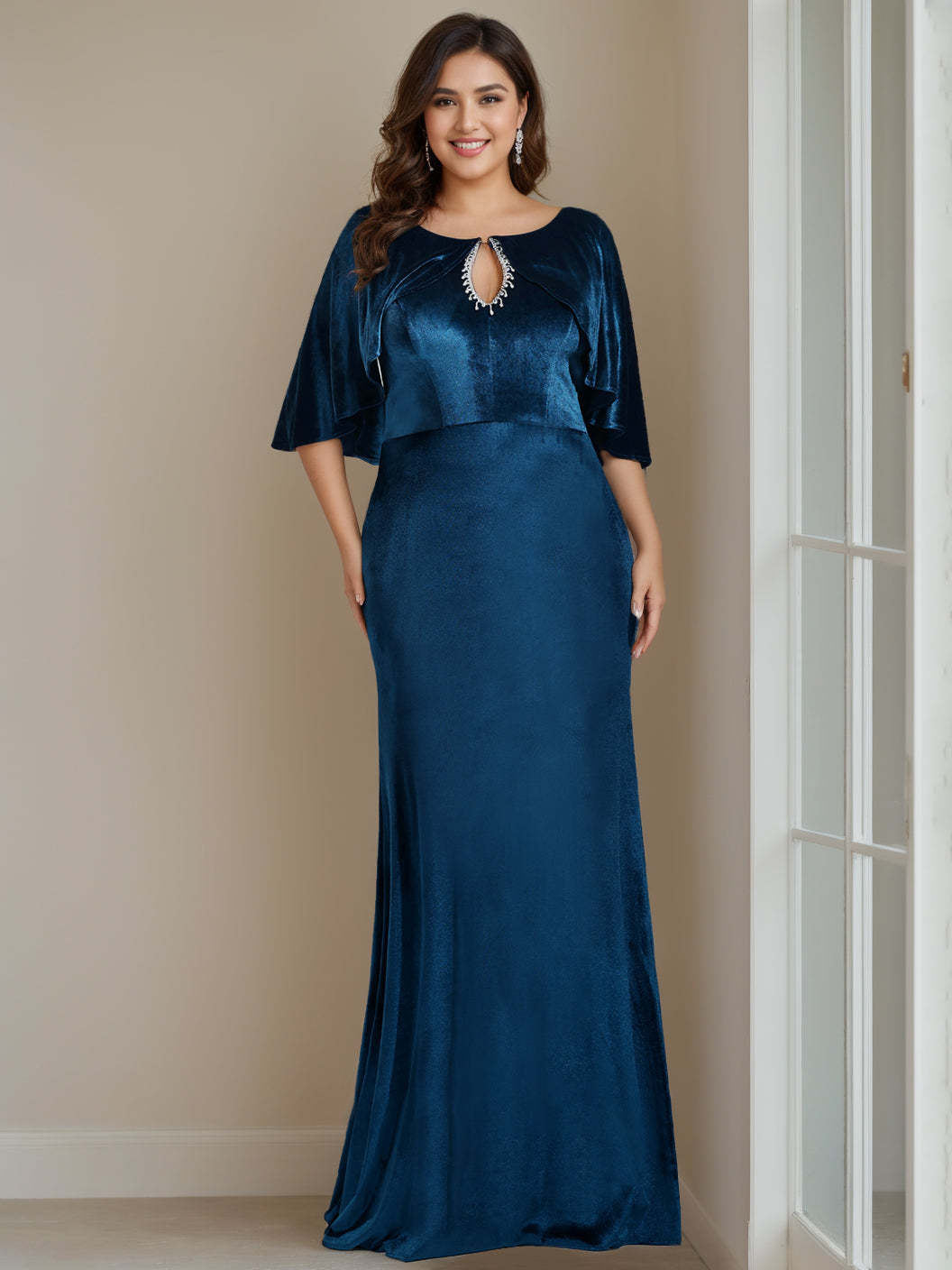 Floor-Length Plus Size Velvet Mother of the Bride Dress with Scoop Neck Half Sleeves Beading Appliques & Sequins-BMbridal.UK