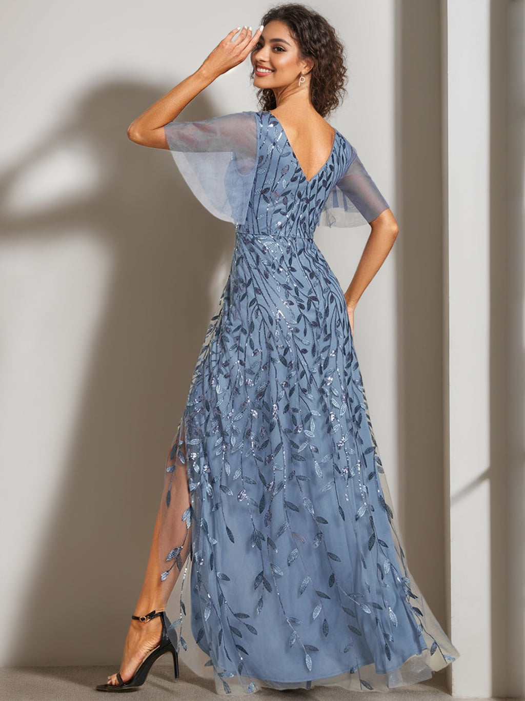 V-Neck A-Line Princess Short Sleeve Asymmetrical Sequined Mother of the Bride Dress