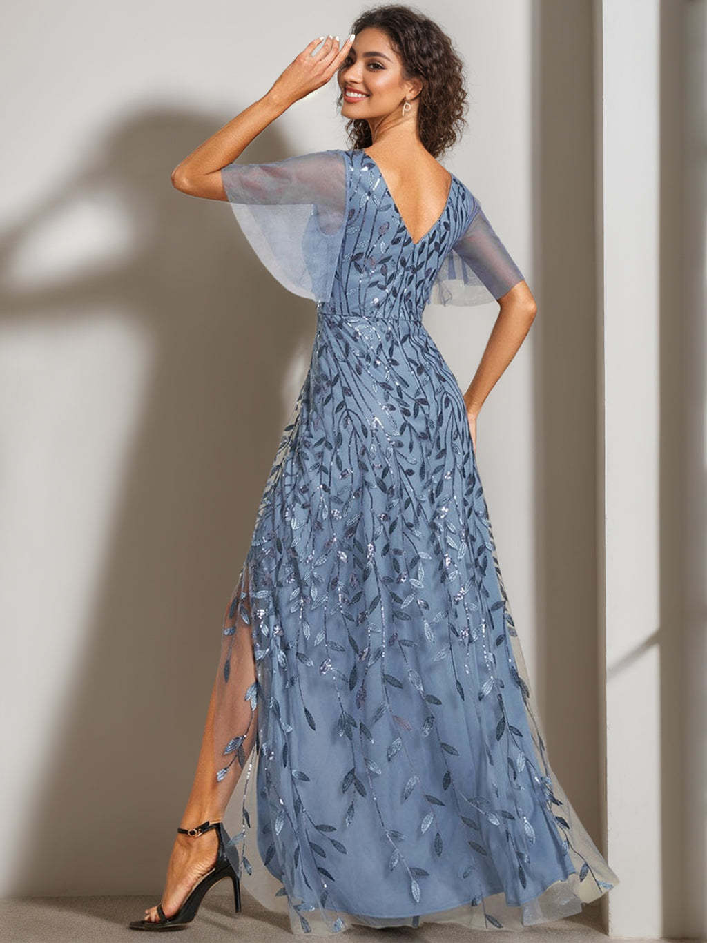 V-Neck A-Line Princess Short Sleeve Asymmetrical Sequined Mother of the Bride Dress