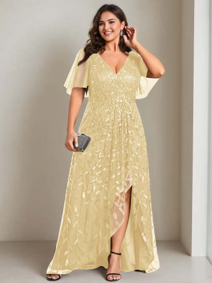 Plus Size Asymmetrical A-Line Princess V-Neck Short Sleeve Mother of the Bride Dress with Sequins