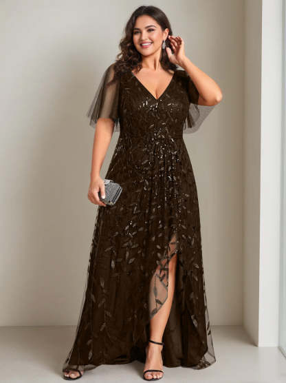 Plus Size Asymmetrical A-Line Princess V-Neck Short Sleeve Mother of the Bride Dress with Sequins