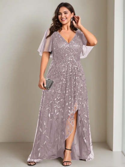Plus Size Asymmetrical A-Line Princess V-Neck Short Sleeve Mother of the Bride Dress with Sequins