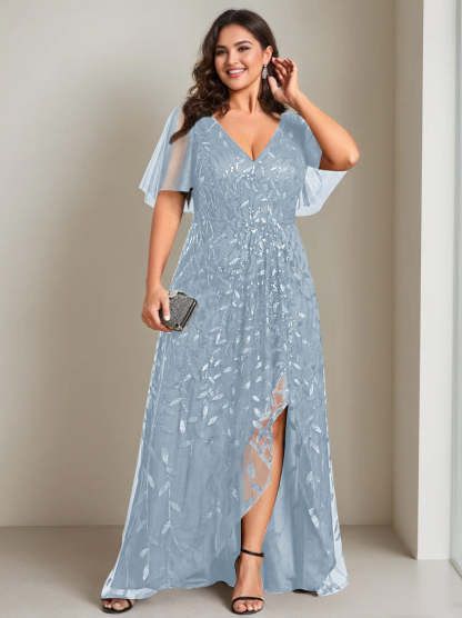 Plus Size Asymmetrical A-Line Princess V-Neck Short Sleeve Mother of the Bride Dress with Sequins