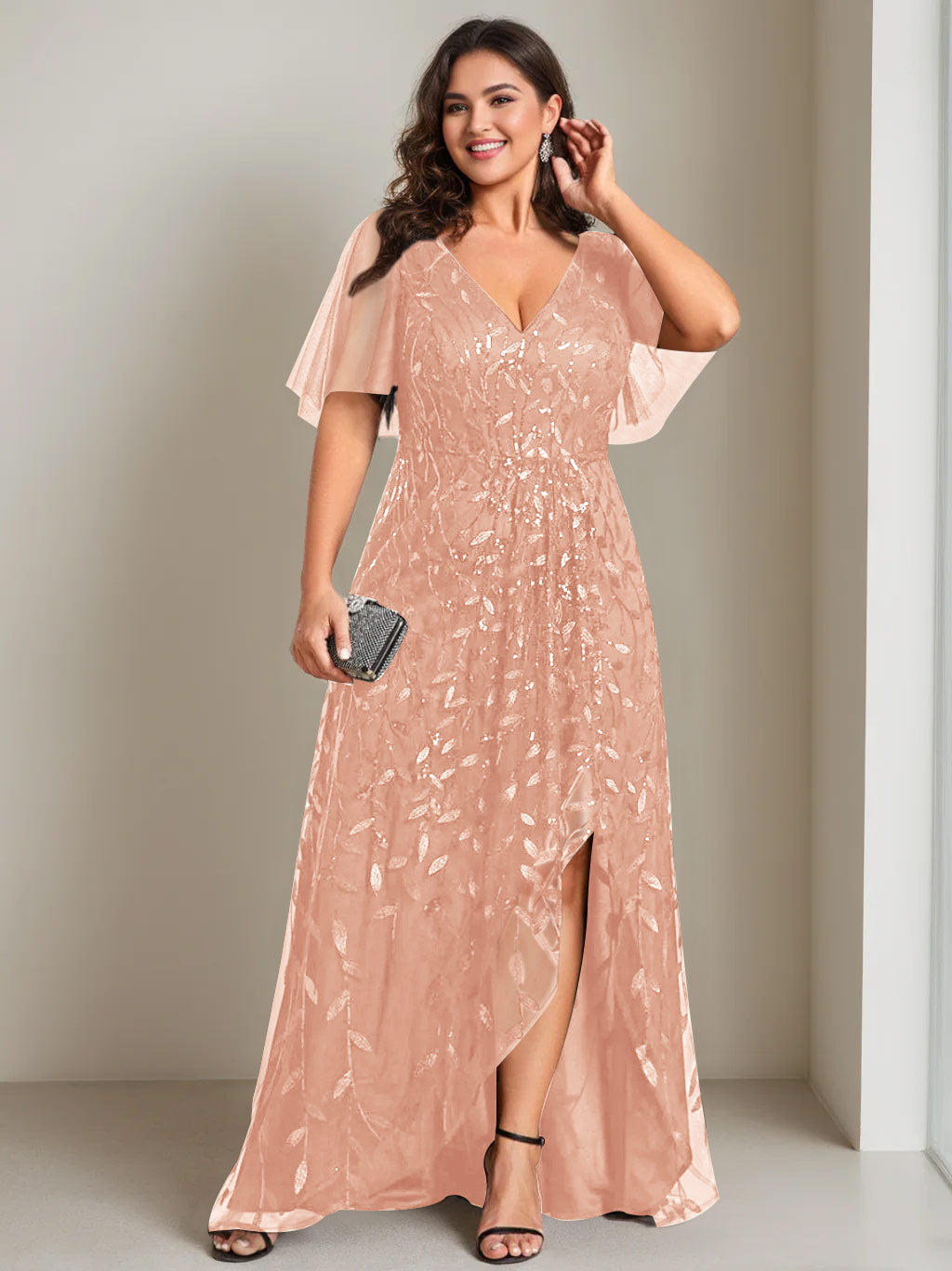 Plus Size Asymmetrical A-Line Princess V-Neck Short Sleeve Mother of the Bride Dress with Sequins