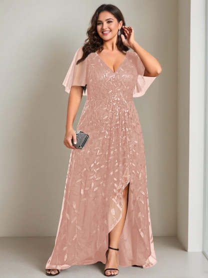 Plus Size Asymmetrical A-Line Princess V-Neck Short Sleeve Mother of the Bride Dress with Sequins