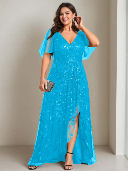 Plus Size Asymmetrical A-Line Princess V-Neck Short Sleeve Mother of the Bride Dress with Sequins