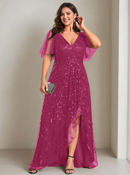 Plus Size Asymmetrical A-Line Princess V-Neck Short Sleeve Mother of the Bride Dress with Sequins