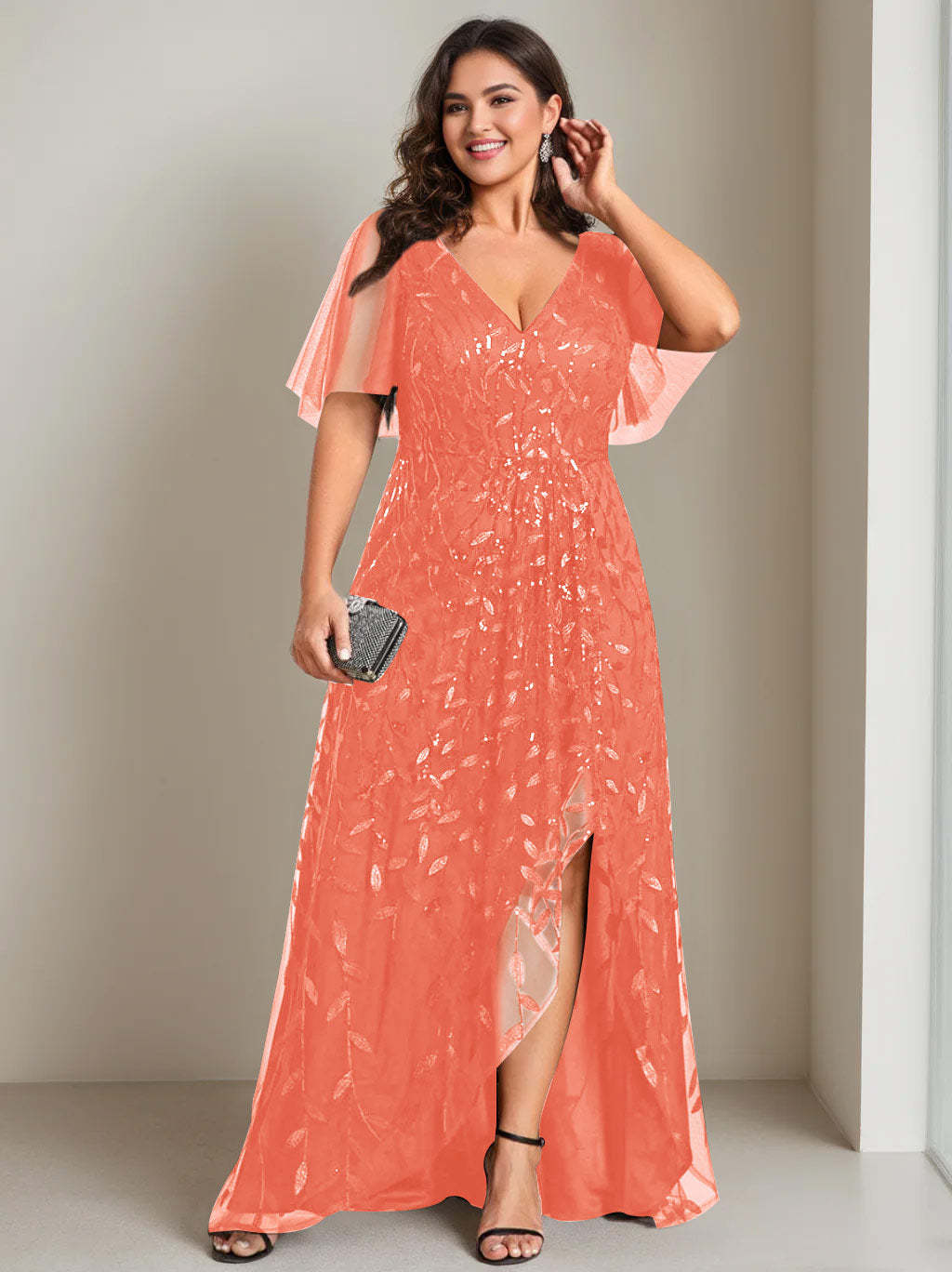 Plus Size Asymmetrical A-Line Princess V-Neck Short Sleeve Mother of the Bride Dress with Sequins