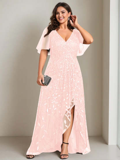 Plus Size Asymmetrical A-Line Princess V-Neck Short Sleeve Mother of the Bride Dress with Sequins