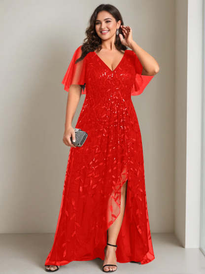 Plus Size Asymmetrical A-Line Princess V-Neck Short Sleeve Mother of the Bride Dress with Sequins