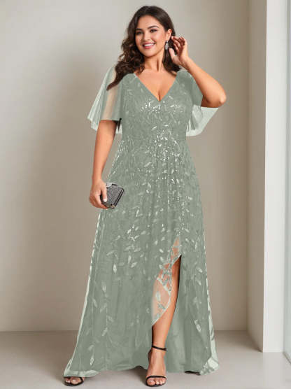 Plus Size Asymmetrical A-Line Princess V-Neck Short Sleeve Mother of the Bride Dress with Sequins