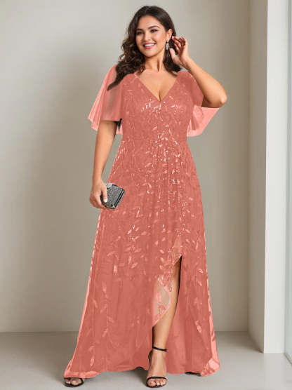 Plus Size Asymmetrical A-Line Princess V-Neck Short Sleeve Mother of the Bride Dress with Sequins