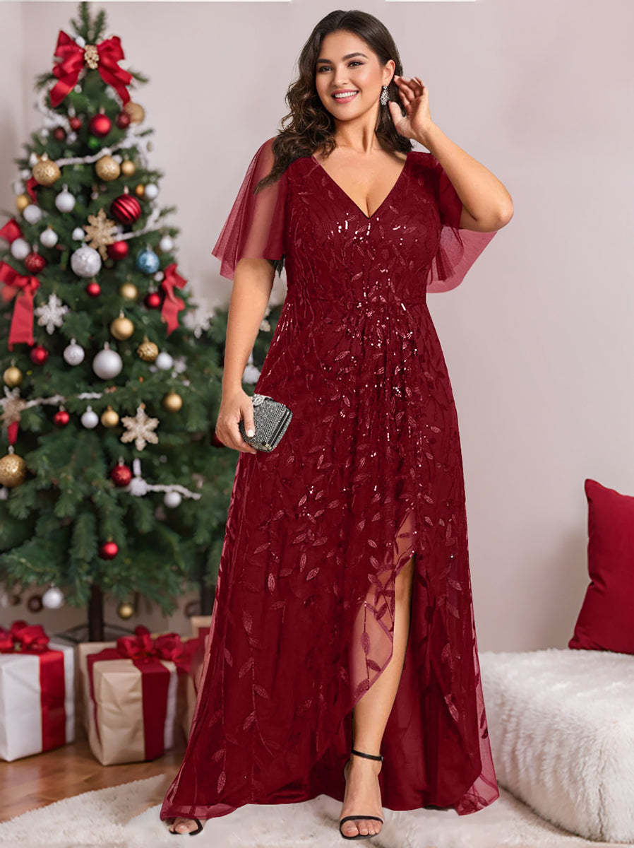 Plus Size Asymmetrical A-Line Princess V-Neck Short Sleeve Mother of the Bride Dress with Sequins