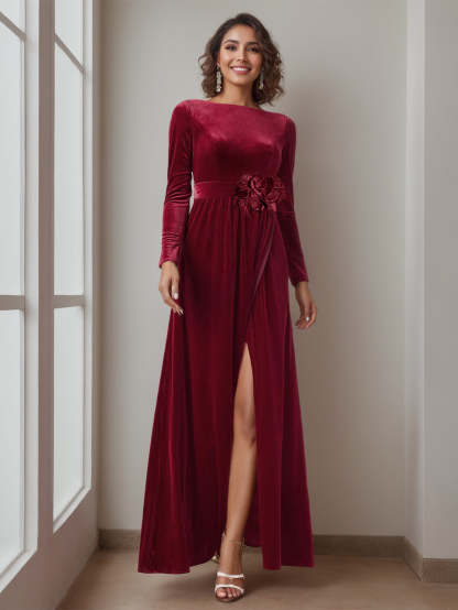 Floor-Length A-Line Princess Gown with Scoop Neck and Long Ruffled Sleeves