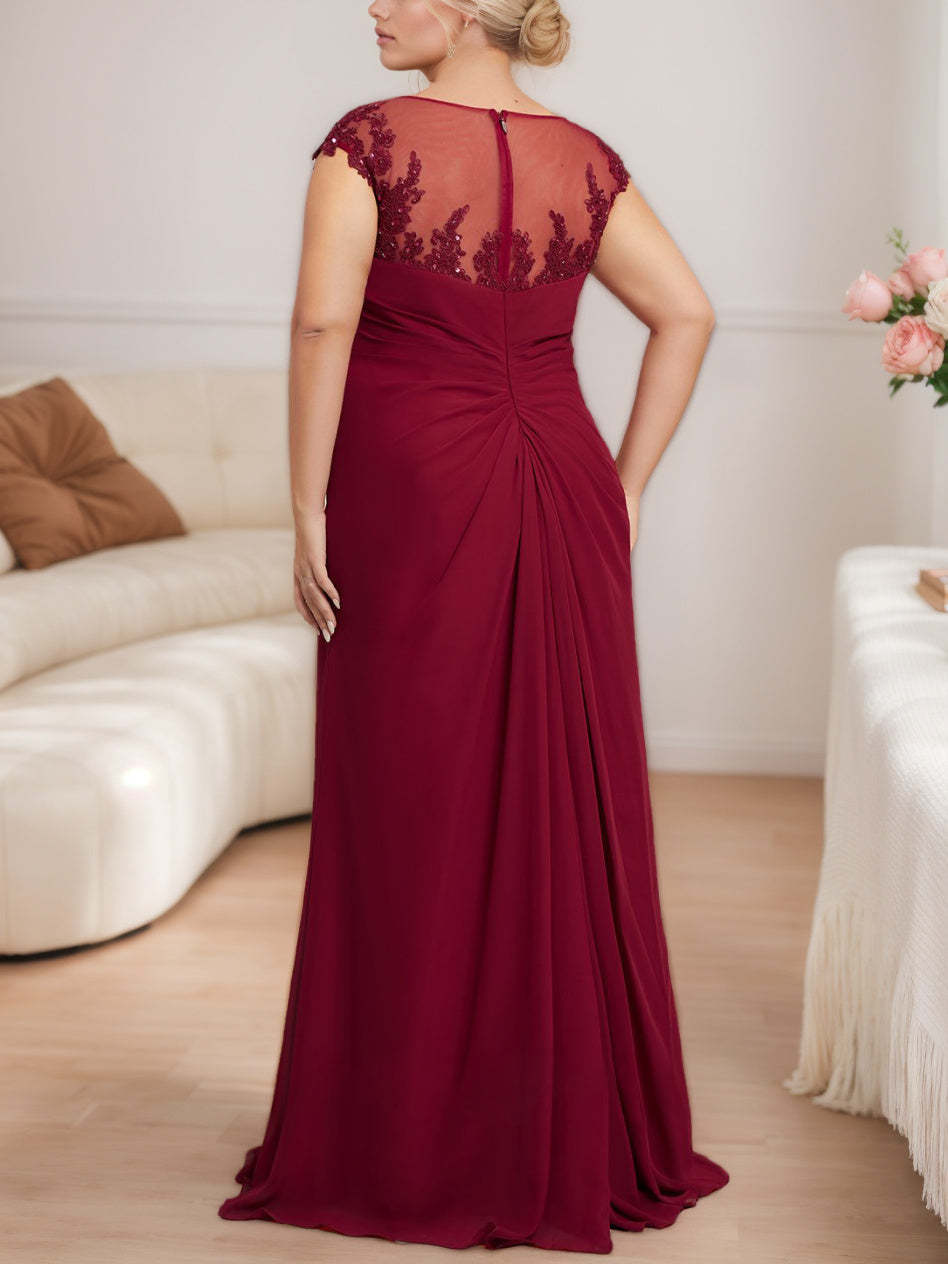 Plus Size Floor-Length Mother of the Bride A-Line Dress with Scoop Neck Cap Sleeves Beading Pleats & Sequins-BMbridal.UK