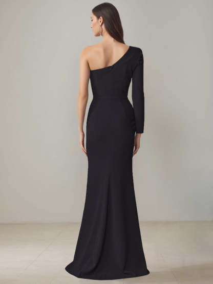 One-Shoulder Floor-Length Mother of the Bride Gown with Side Slit and Bowknot