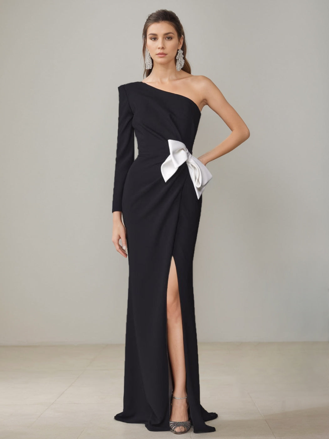 One-Shoulder Floor-Length Mother of the Bride Gown with Side Slit and Bowknot