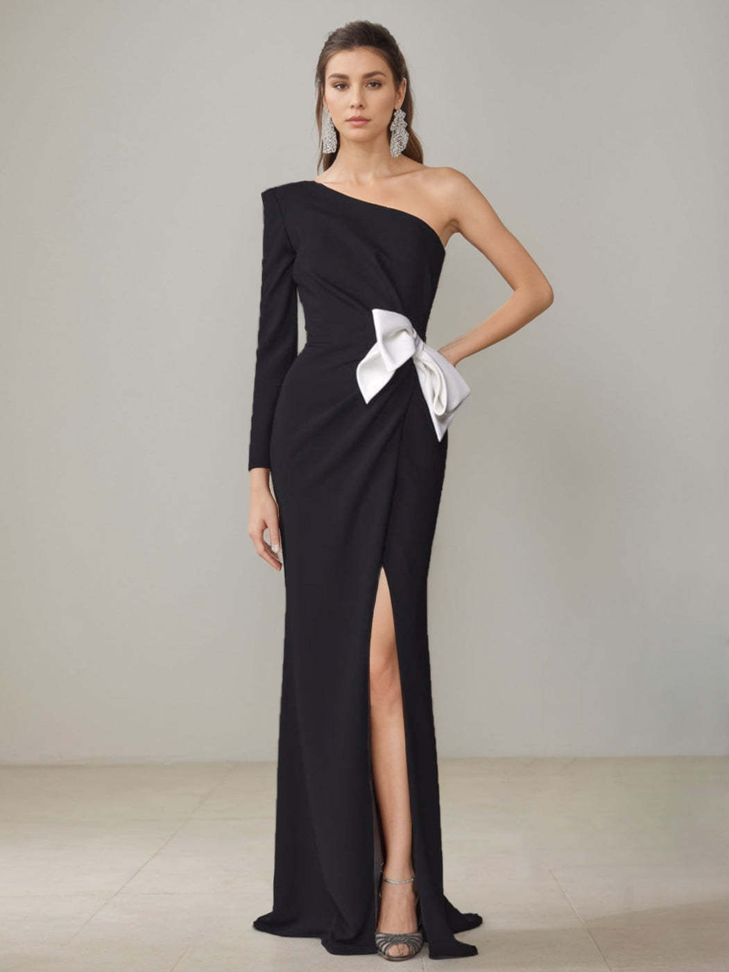 One-Shoulder Floor-Length Mother of the Bride Gown with Side Slit and Bowknot