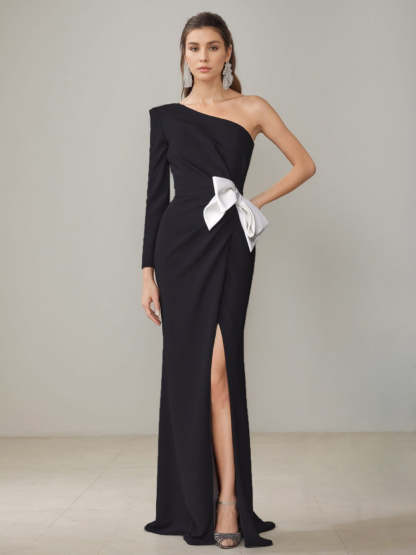 One-Shoulder Floor-Length Mother of the Bride Gown with Side Slit and Bowknot