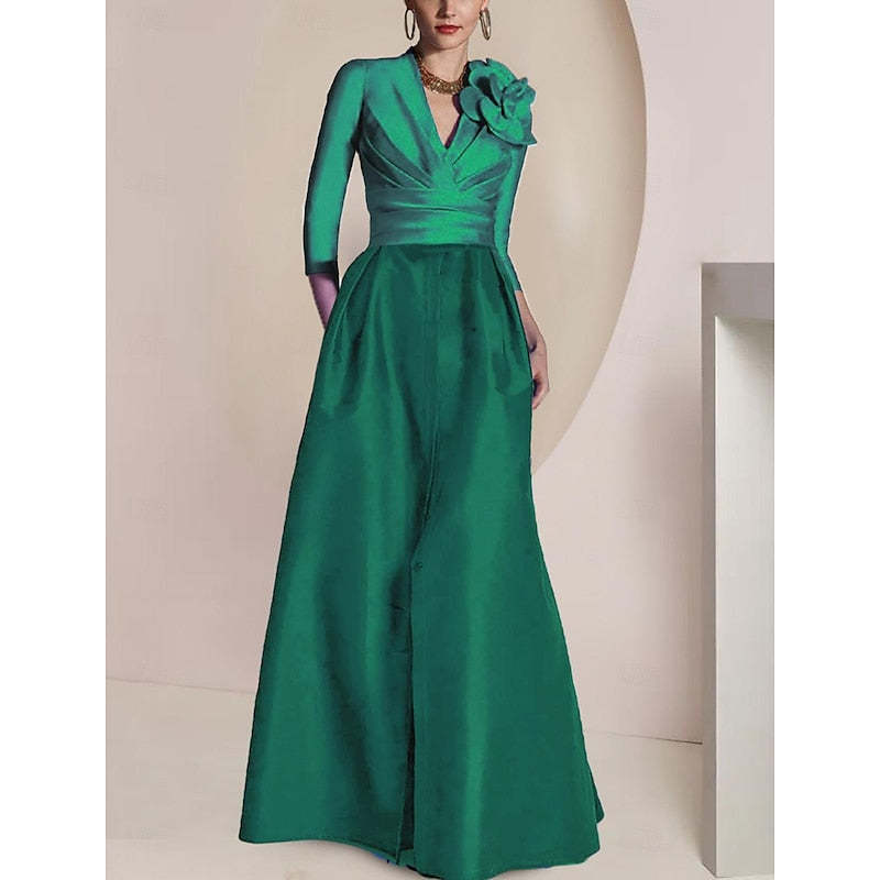 Princess V-Neck Floor-Length Mother of the Bride Dress with 3/4 Sleeves Ruched Detailing Draping and a Split Front-BMbridal.UK