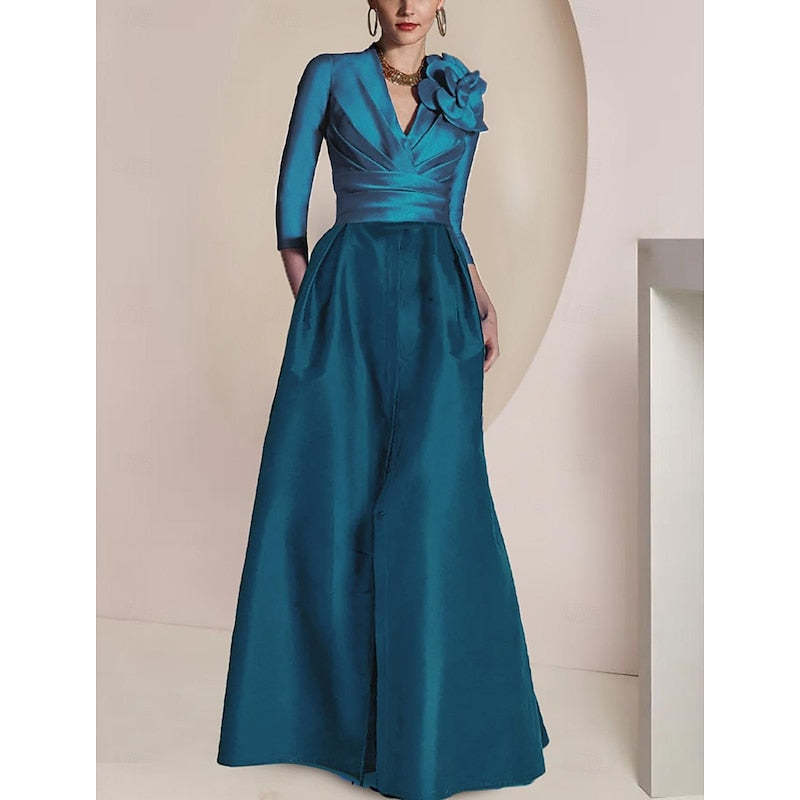 Princess V-Neck Floor-Length Mother of the Bride Dress with 3/4 Sleeves Ruched Detailing Draping and a Split Front-BMbridal.UK