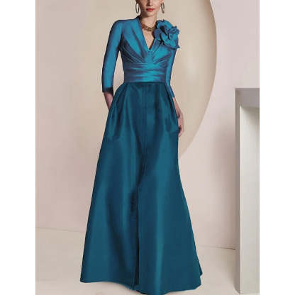Princess V-Neck Floor-Length Mother of the Bride Dress with 3/4 Sleeves Ruched Detailing Draping and a Split Front-BMbridal.UK