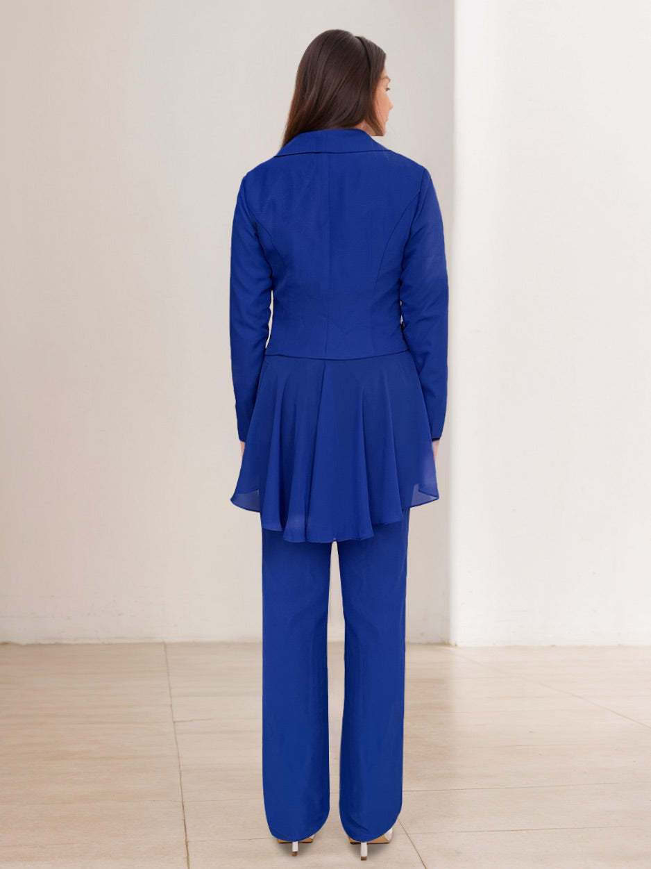 Floor-Length White V-Neck Pantsuit With Long Sleeves and Ruffle for Mother of the Bride