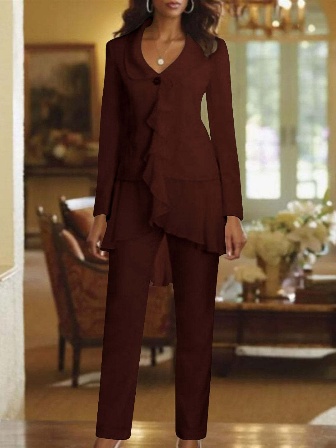 Floor-Length White V-Neck Pantsuit With Long Sleeves and Ruffle for Mother of the Bride