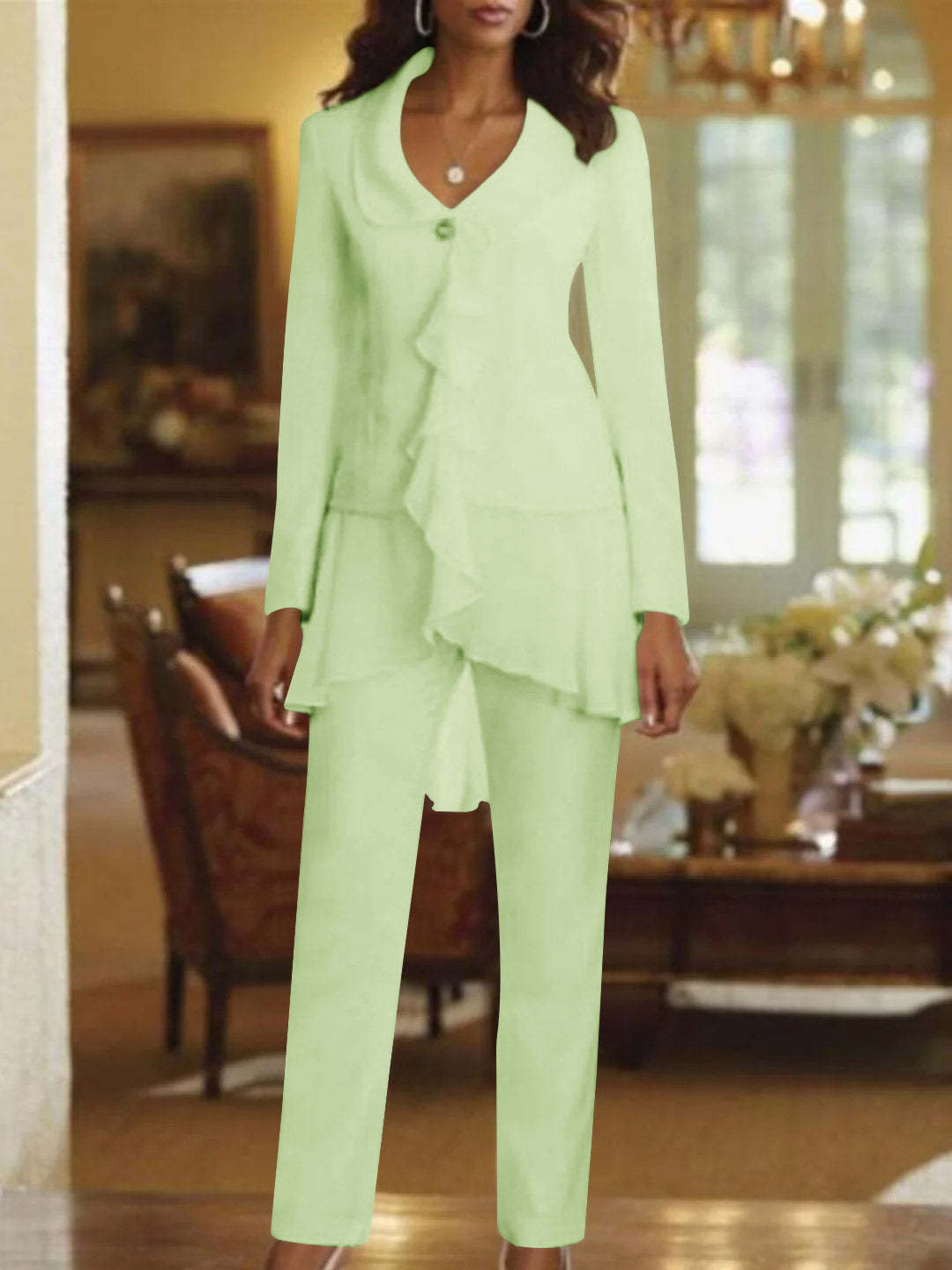 Floor-Length White V-Neck Pantsuit With Long Sleeves and Ruffle for Mother of the Bride