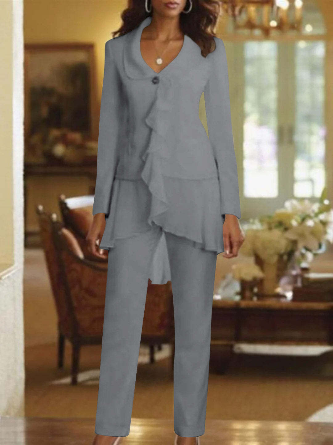 Floor-Length White V-Neck Pantsuit With Long Sleeves and Ruffle for Mother of the Bride