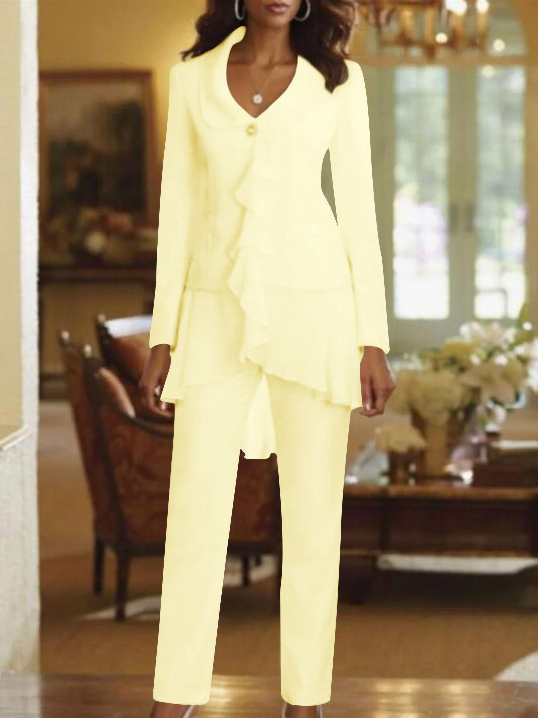 Floor-Length White V-Neck Pantsuit With Long Sleeves and Ruffle for Mother of the Bride