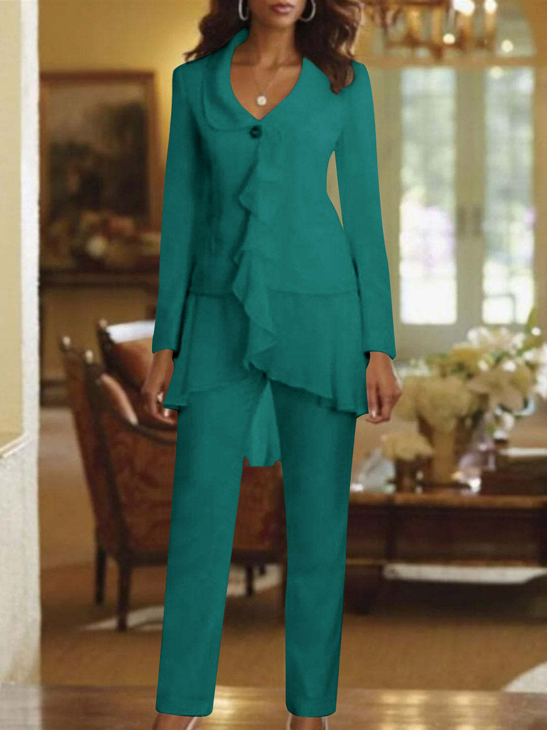 Floor-Length White V-Neck Pantsuit With Long Sleeves and Ruffle for Mother of the Bride