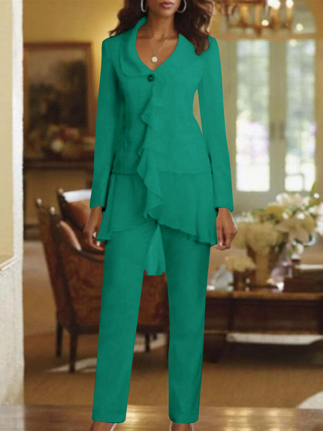 Floor-Length White V-Neck Pantsuit With Long Sleeves and Ruffle for Mother of the Bride