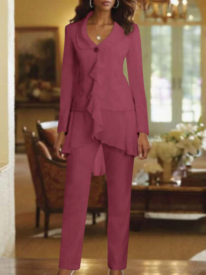 Floor-Length White V-Neck Pantsuit With Long Sleeves and Ruffle for Mother of the Bride