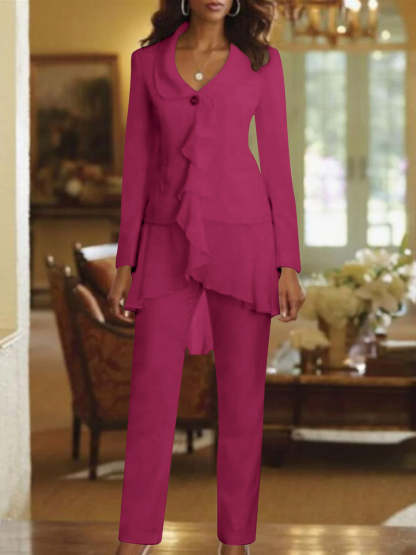 Floor-Length White V-Neck Pantsuit With Long Sleeves and Ruffle for Mother of the Bride