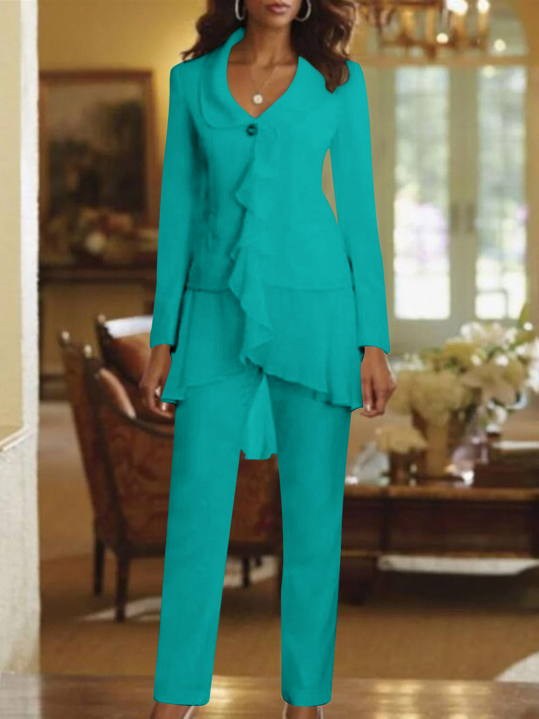 Floor-Length White V-Neck Pantsuit With Long Sleeves and Ruffle for Mother of the Bride