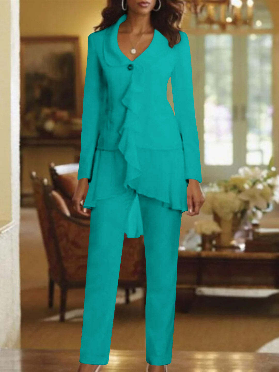 Floor-Length White V-Neck Pantsuit With Long Sleeves and Ruffle for Mother of the Bride