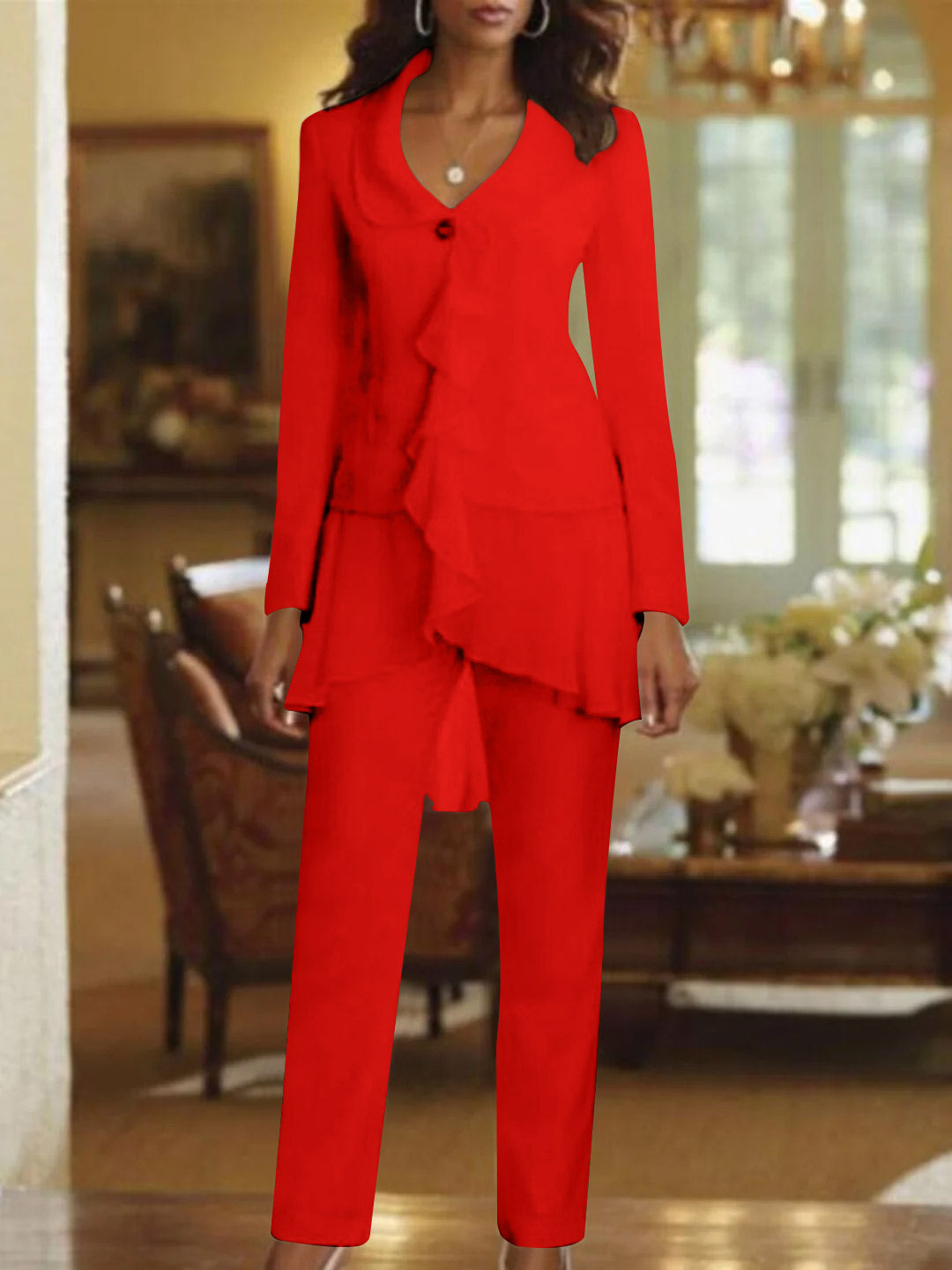 Floor-Length White V-Neck Pantsuit With Long Sleeves and Ruffle for Mother of the Bride