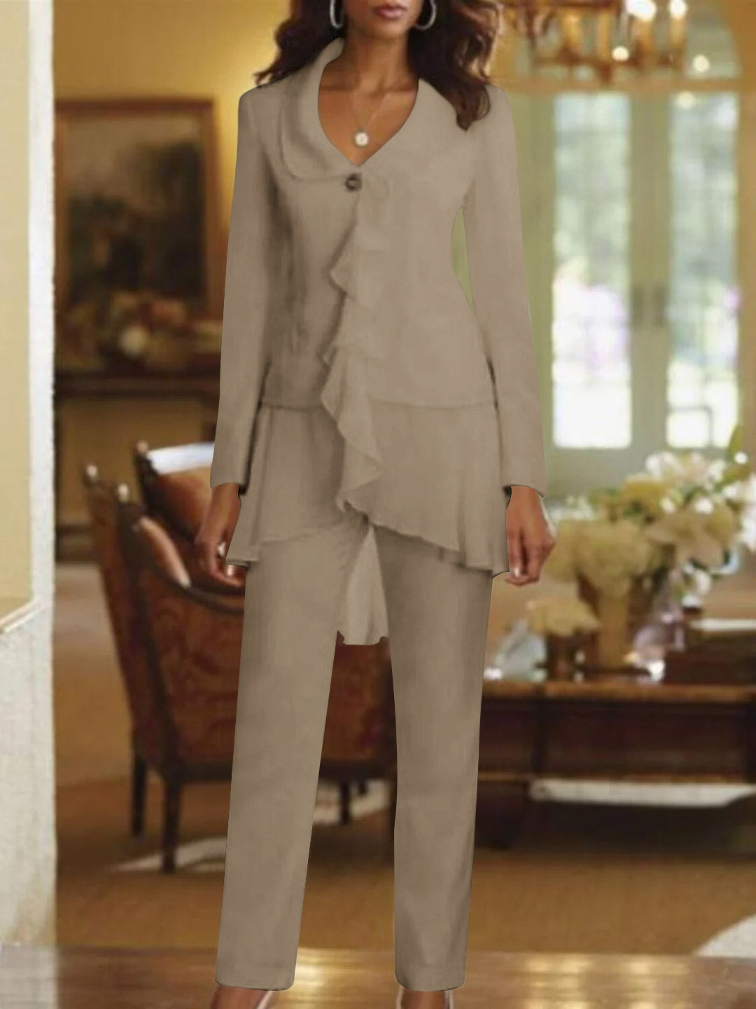 Floor-Length White V-Neck Pantsuit With Long Sleeves and Ruffle for Mother of the Bride