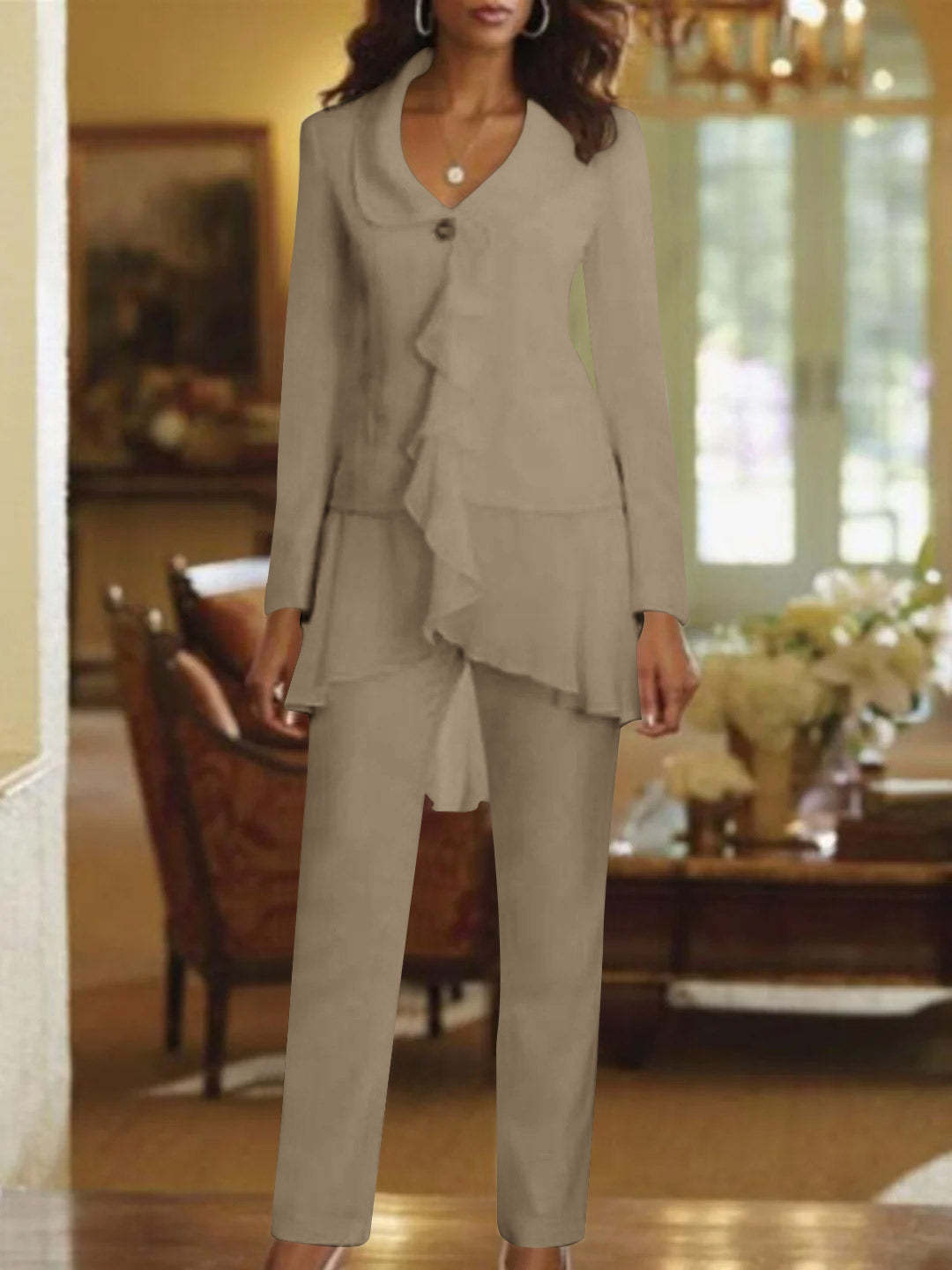 Floor-Length White V-Neck Pantsuit With Long Sleeves and Ruffle for Mother of the Bride