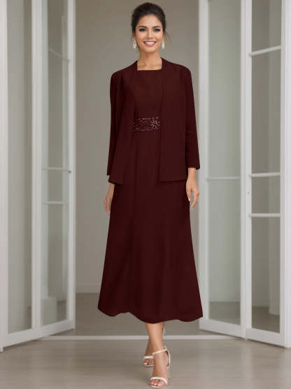 Tea-Length Mother of the Bride Sheath Dress with Beaded Jacket
