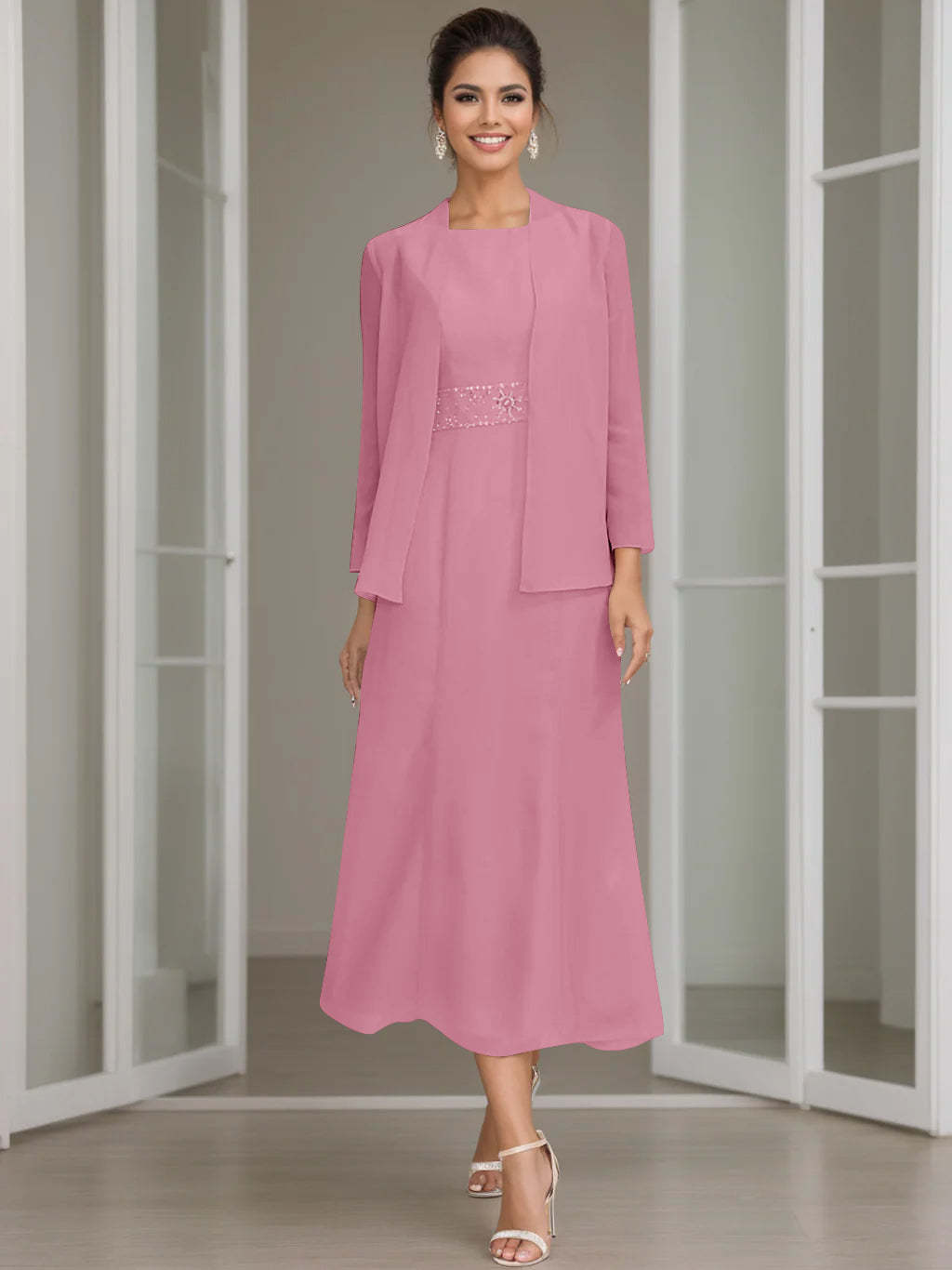 Tea-Length Mother of the Bride Sheath Dress with Beaded Jacket