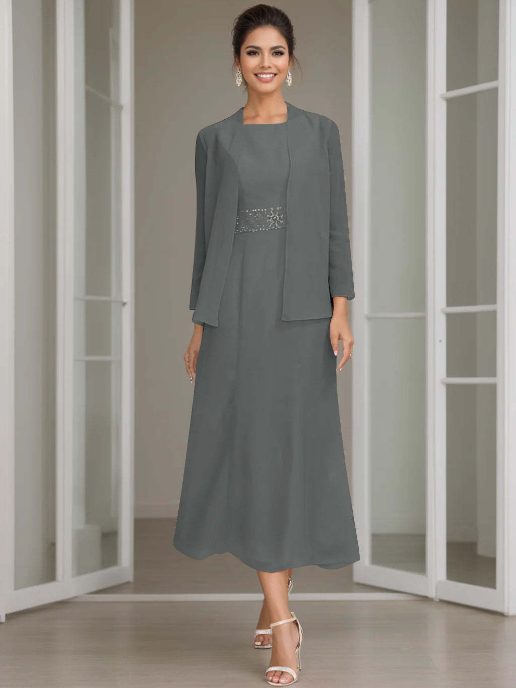 Tea-Length Mother of the Bride Sheath Dress with Beaded Jacket