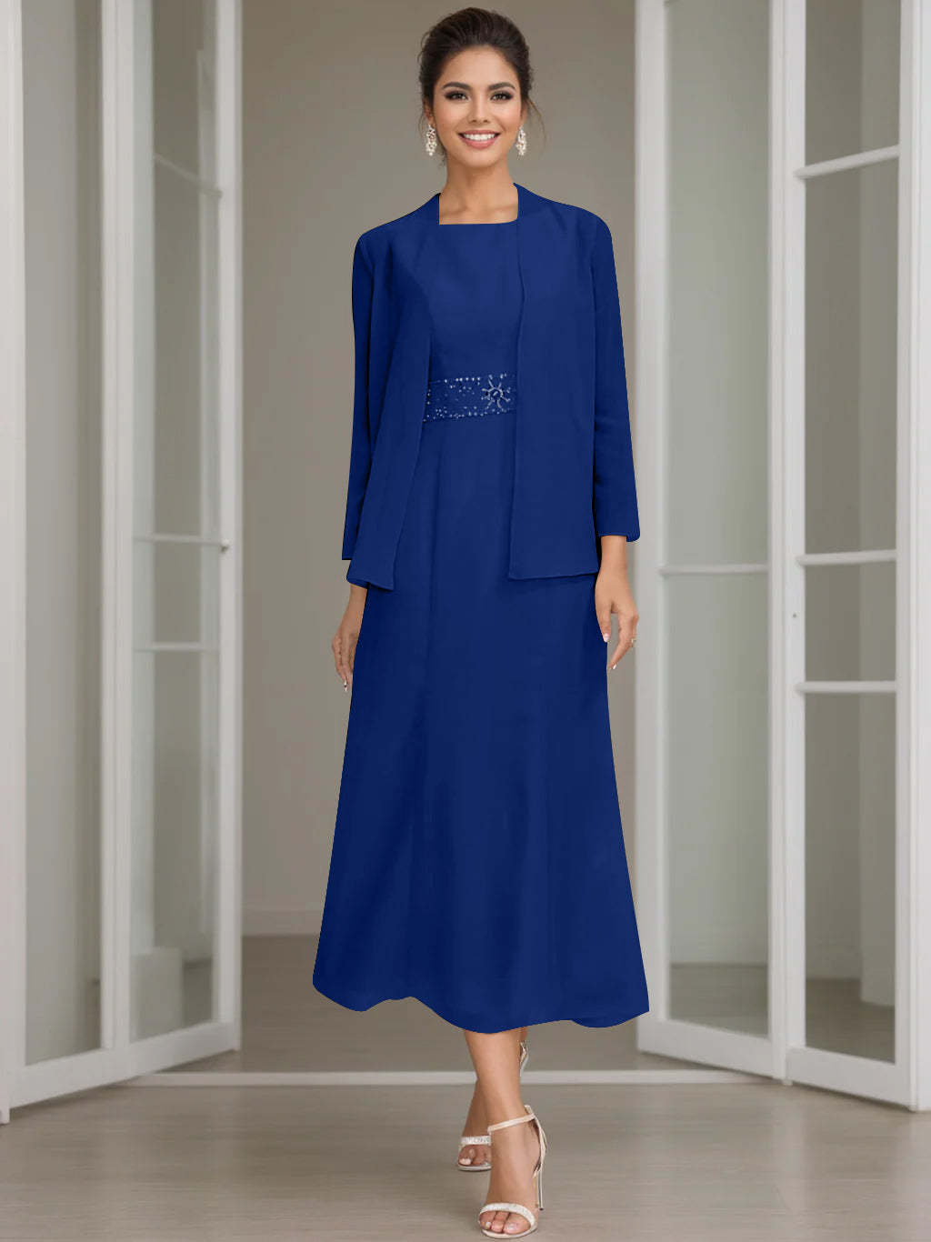 Tea-Length Mother of the Bride Sheath Dress with Beaded Jacket